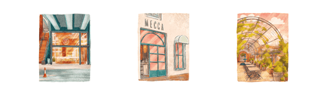 Illustrations of Good Vibes Only and Mecca Coffee in Sydney, Australia