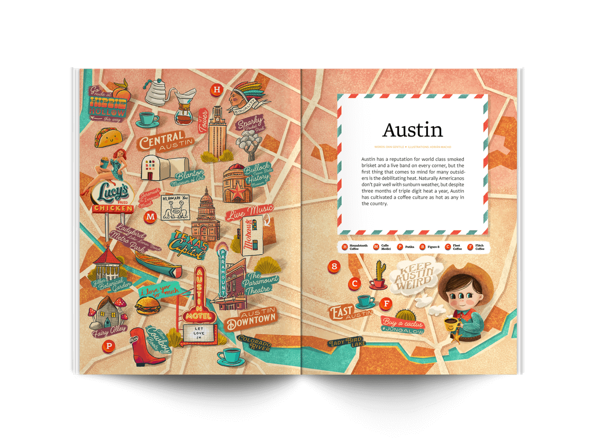 Article in Standart magazine about the best coffee shops in Austin Texas with illustrations by Adrian Macho (Seasidespirit)