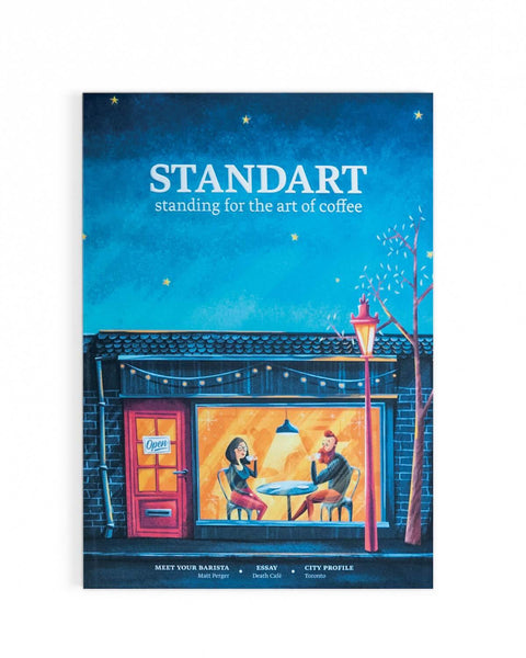 Illustration of people drinking speciality coffee on the cover of Standart magazine