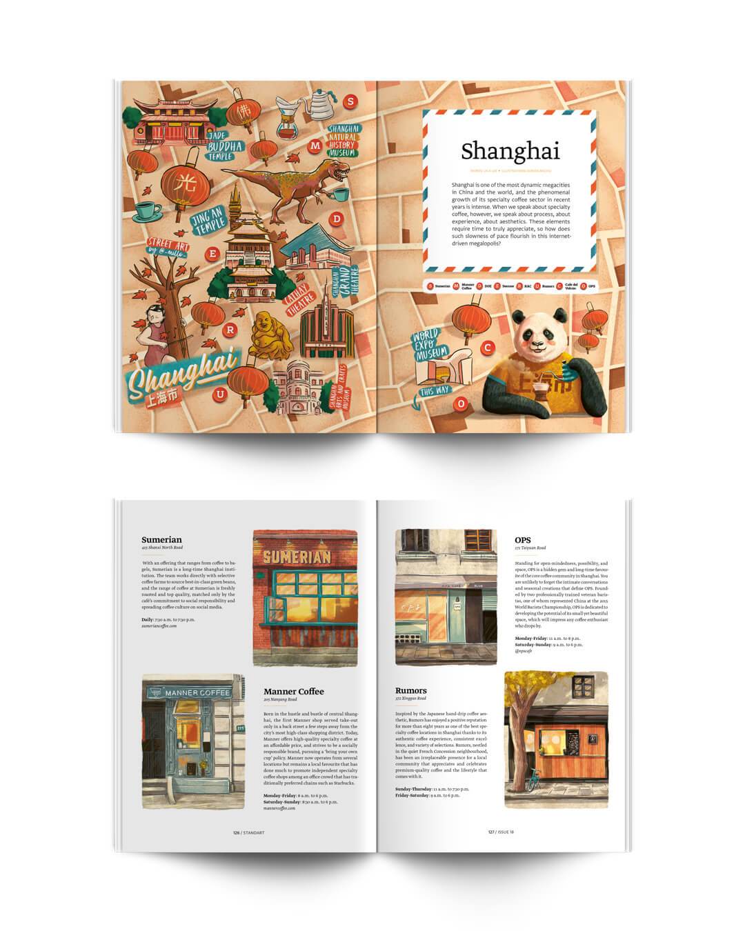 Article in Standart magazine about the best coffee shops in Shanghai with illustrations by Adrian Macho (Seasidespirit)
