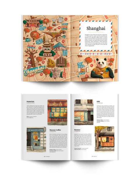 Article in Standart magazine about the best coffee shops in Shanghai with illustrations by Adrian Macho (Seasidespirit)