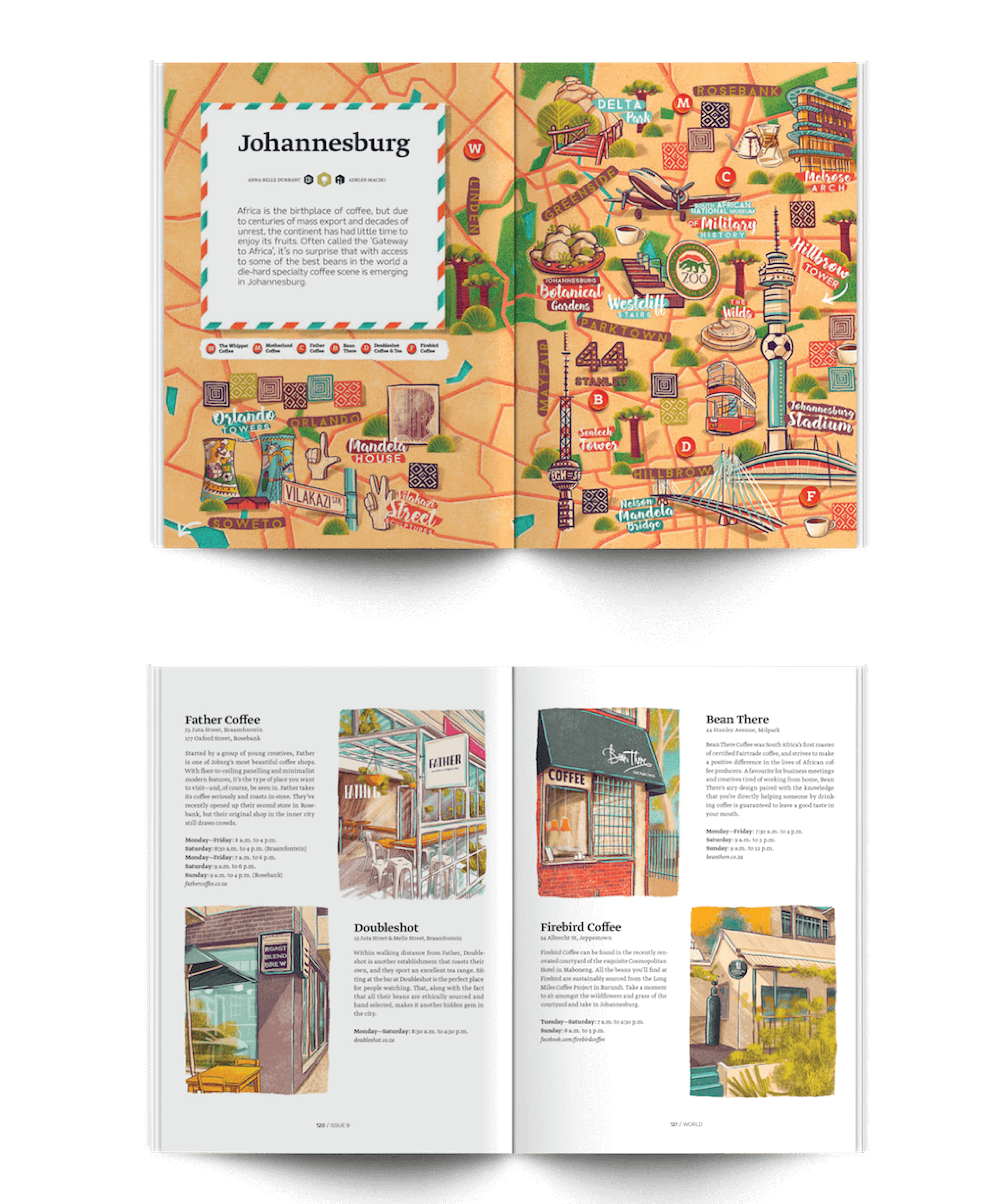 Article in Standart magazine about the best coffee shops in Johannesburg with illustrations by Adrian Macho (Seasidespirit)