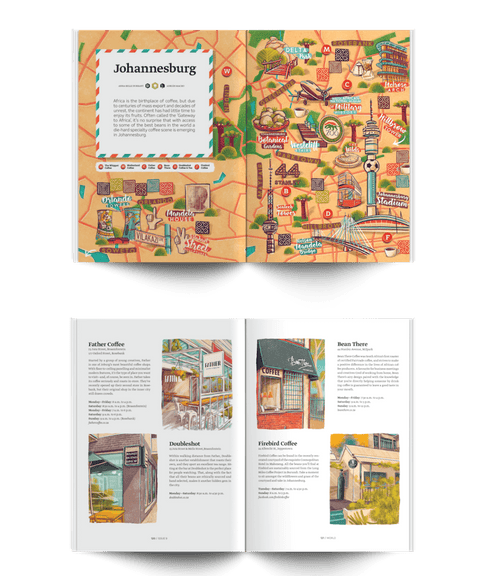 Article in Standart magazine about the best coffee shops in Johannesburg with illustrations by Adrian Macho (Seasidespirit)