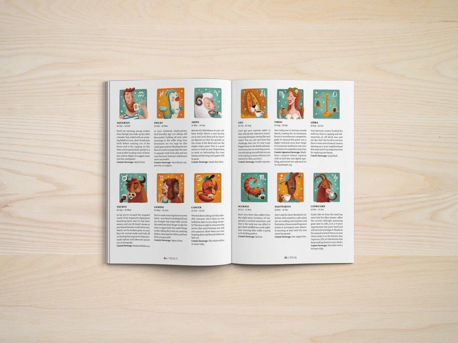 Coffee horoscopes in Standart magazine with illustrations by Adrian Macho (seasidespirit)