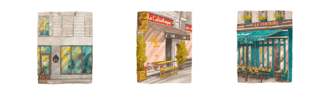 Illustration of Lomi, La Caféothèque and La Fontaine de Belleville. Speciality coffee shops in Paris.