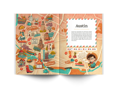 Article in Standart magazine about the best coffee shops in Austin Texas with illustrations by Adrian Macho (Seasidespirit)