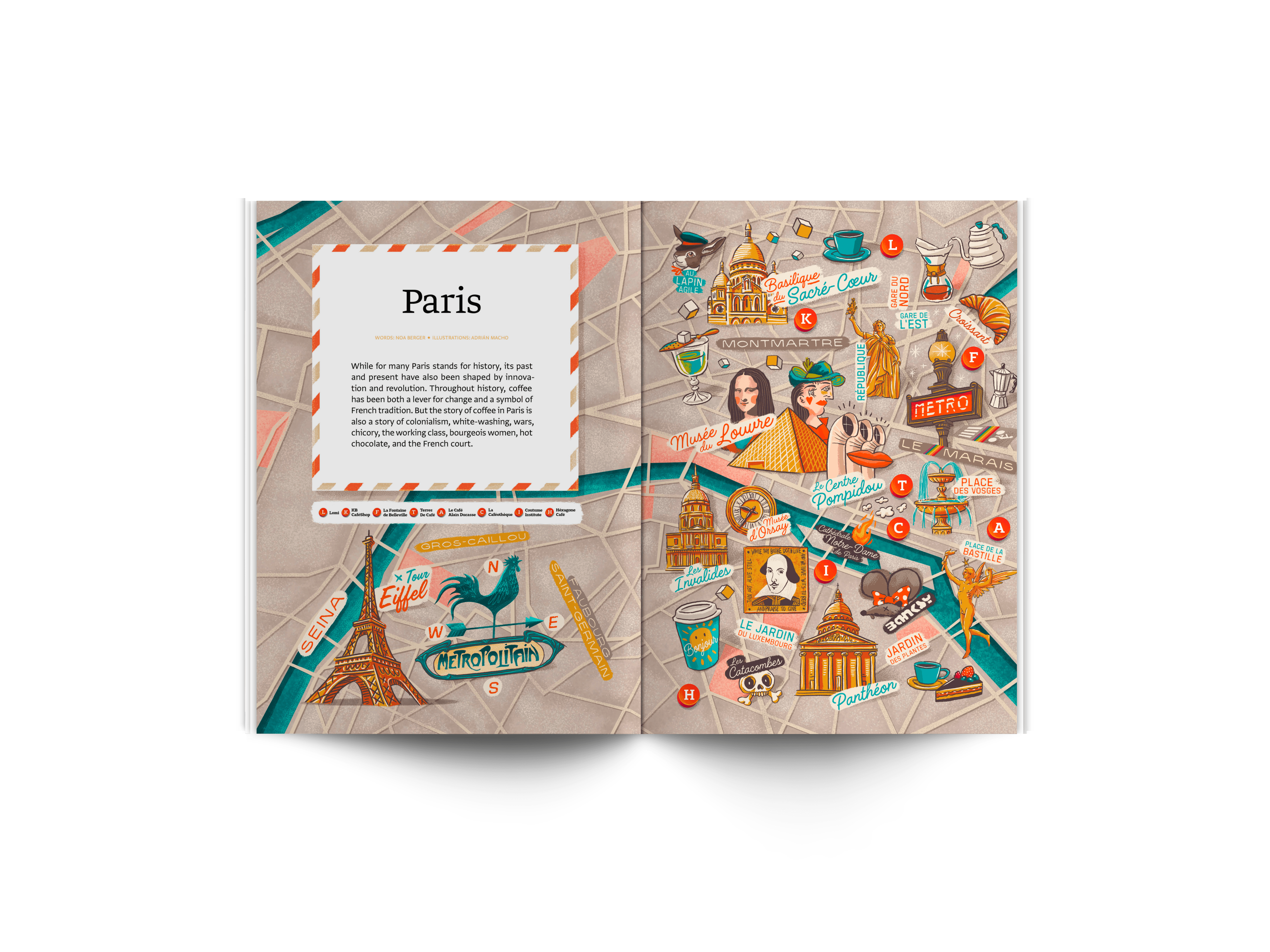Article in Standart magazine about the best coffee shops in Paris with illustrations by Adrian Macho (Seasidespirit)